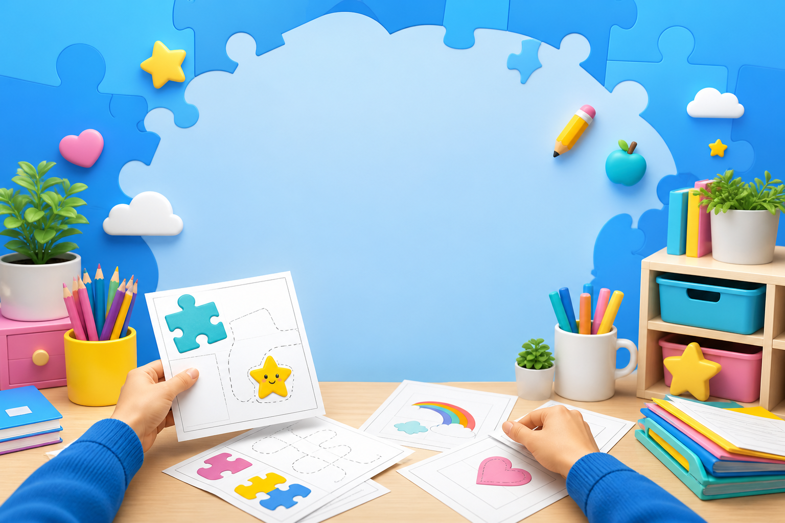 Colorful teacher worksheets and pencils
