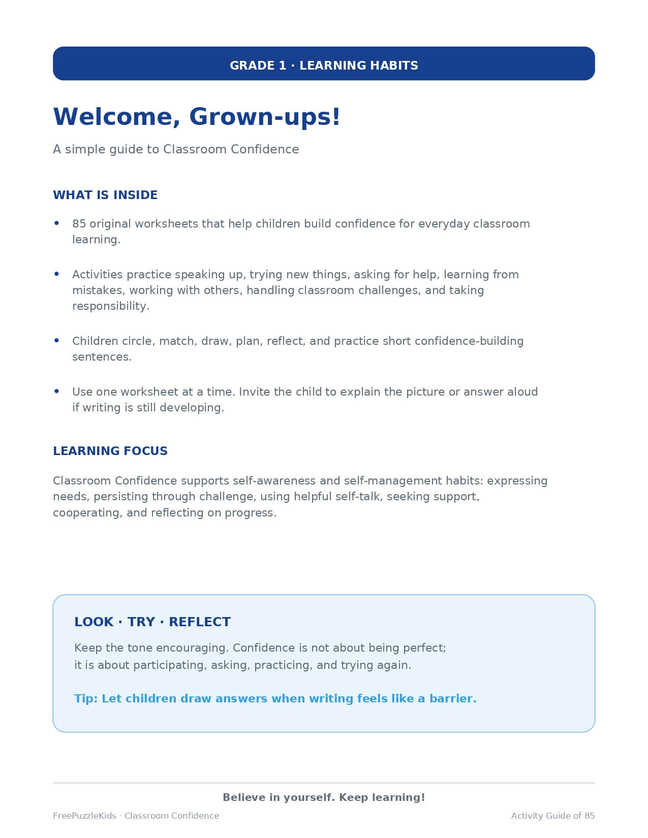 Classroom Confidence (Grade 1) – worksheet preview page 1