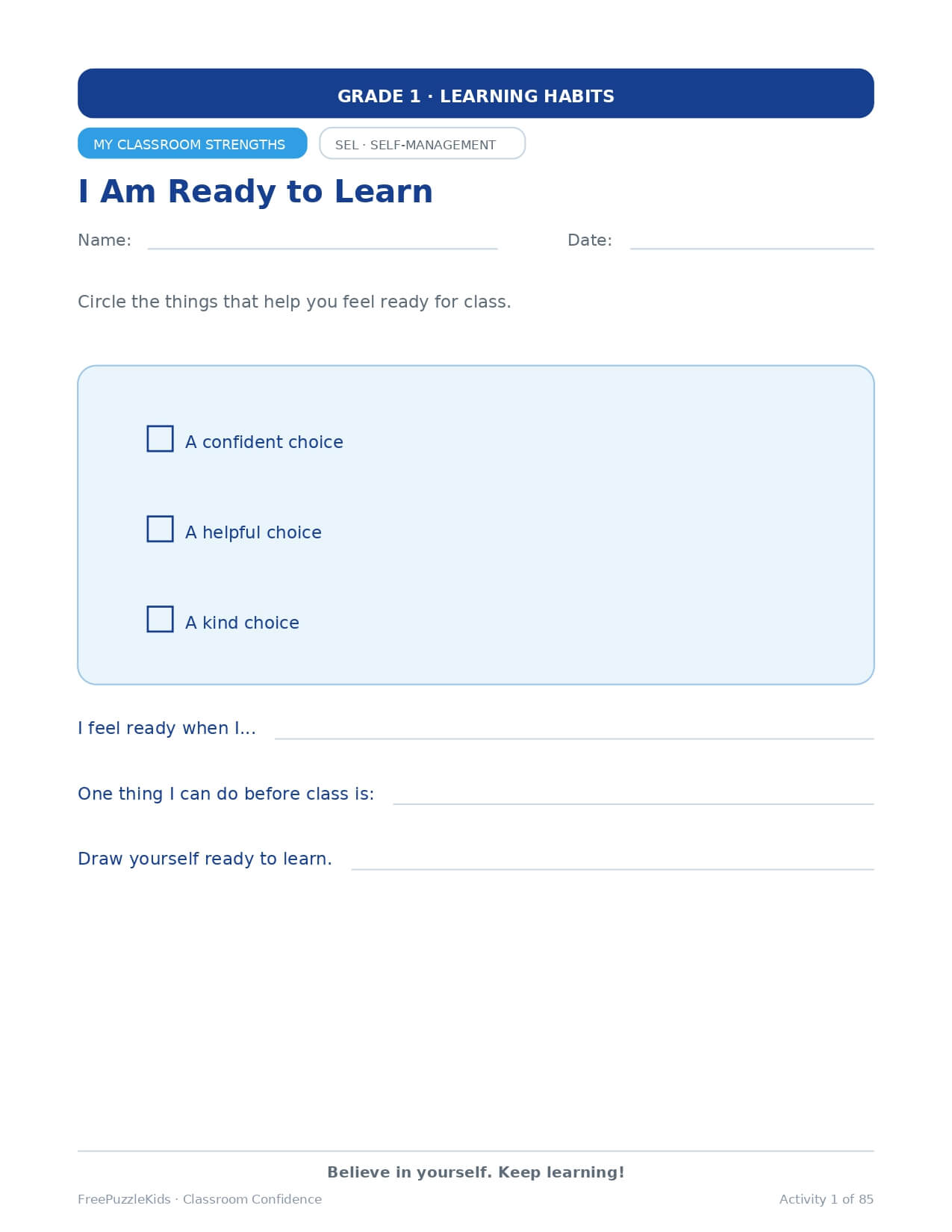 Classroom Confidence (Grade 1) – worksheet preview page 2