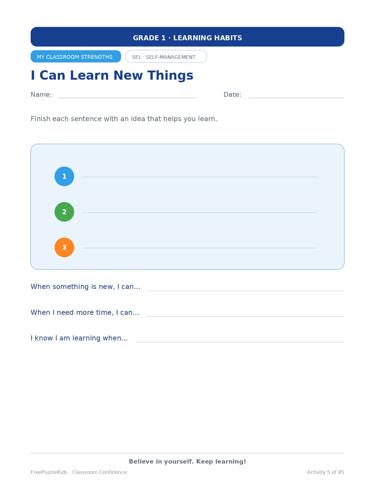 Classroom Confidence (Grade 1) – worksheet preview page 6