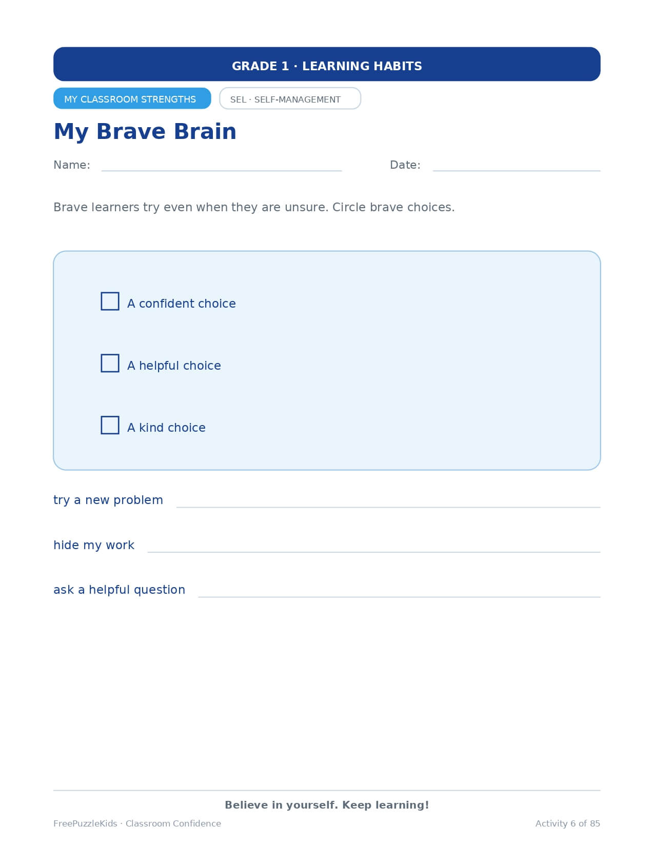 Classroom Confidence (Grade 1) – worksheet preview page 7