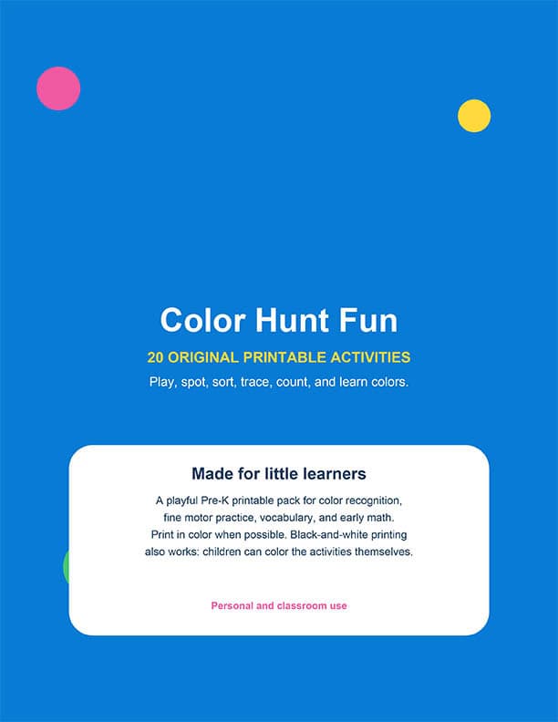 Color Hunt Fun activity sheet for kids with colorful dots and instructions.
