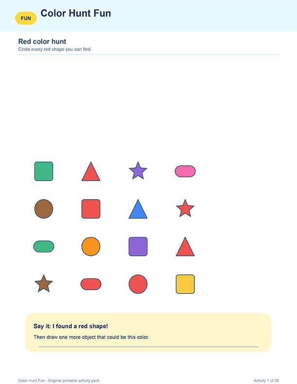 Color hunt activity with various shapes and colors for kids.