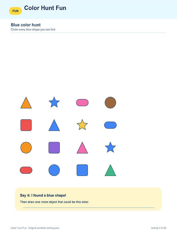 Color hunt activity with blue shapes to find and draw.