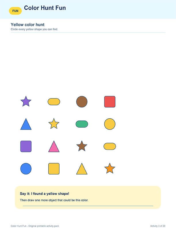 Color hunt activity with yellow shapes including star, oval, circle, and triangle.