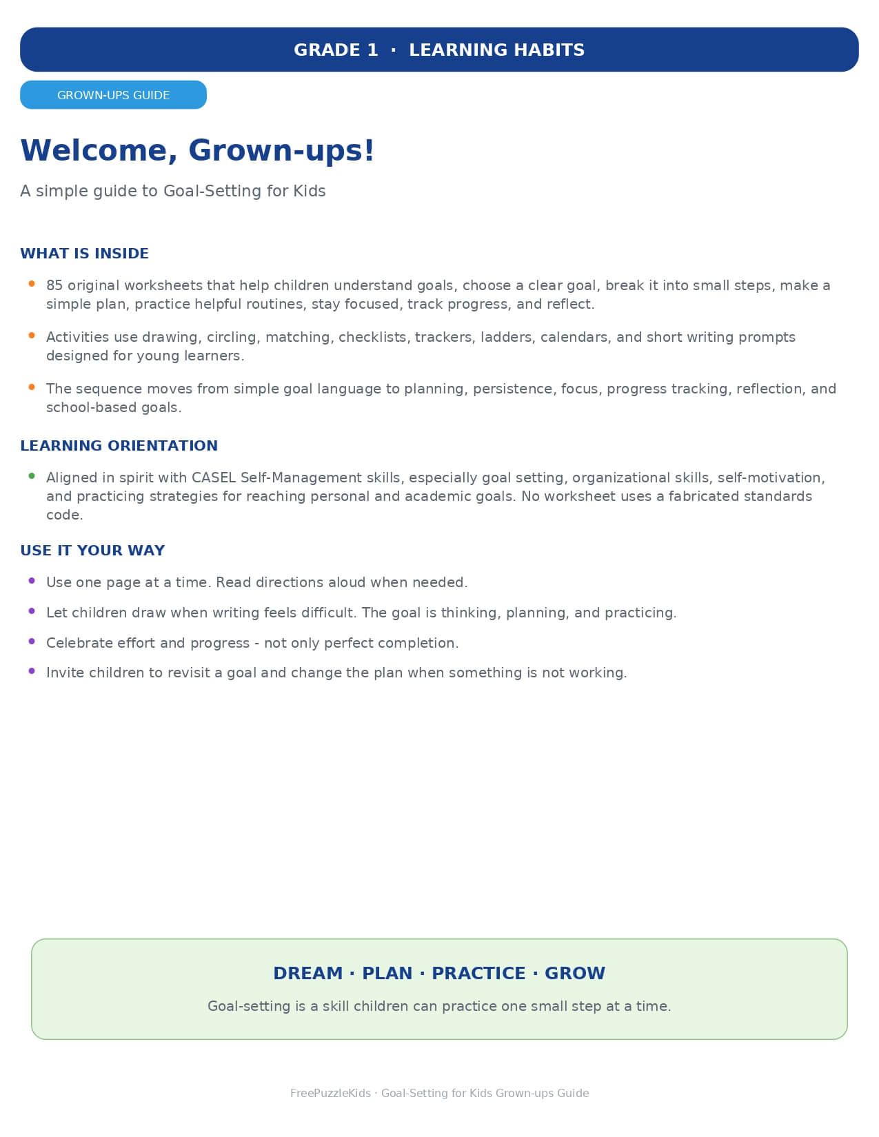 Goal-Setting for Kids (Grade 1 / SEL & Self-Management) – worksheet preview page 1