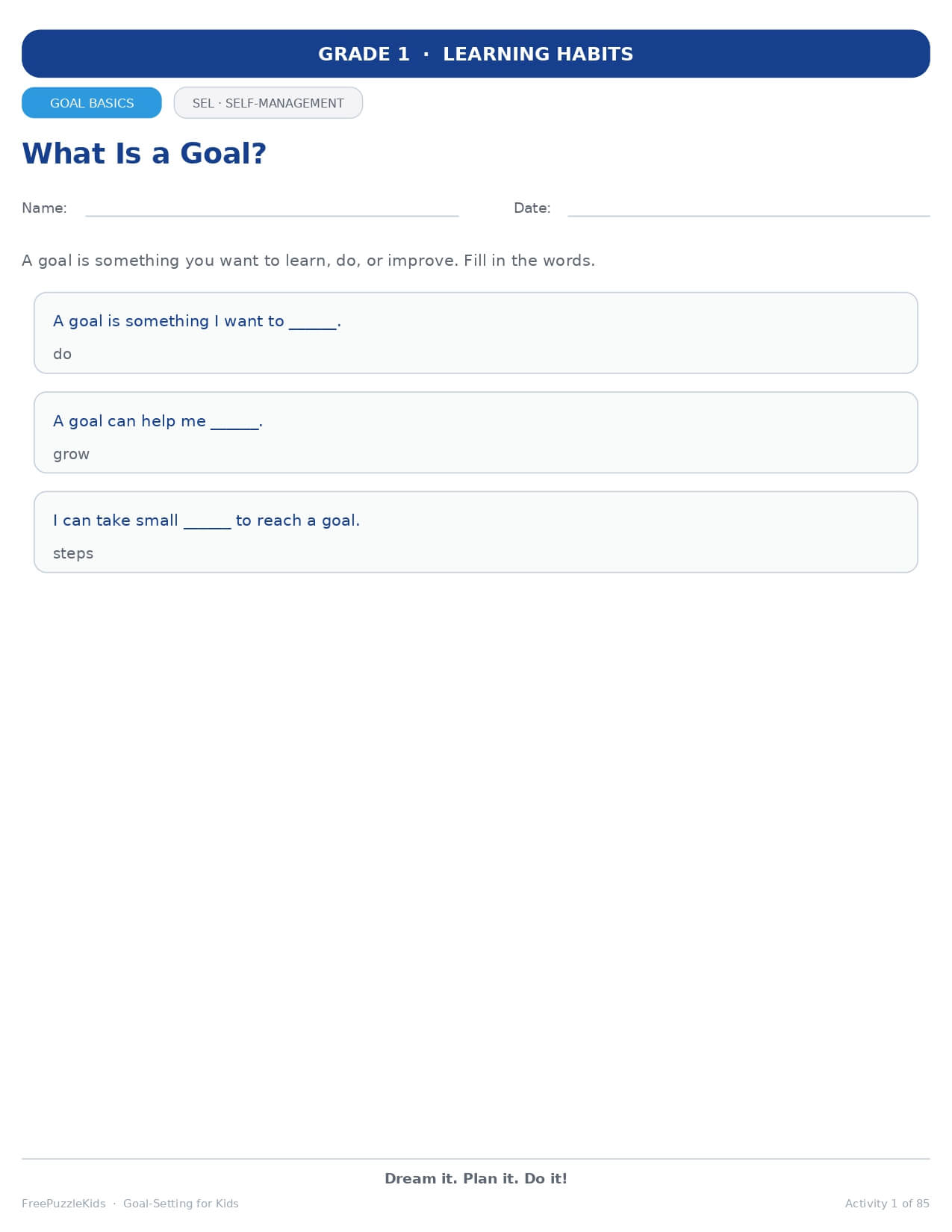 Goal-Setting for Kids (Grade 1 / SEL & Self-Management) – worksheet preview page 2