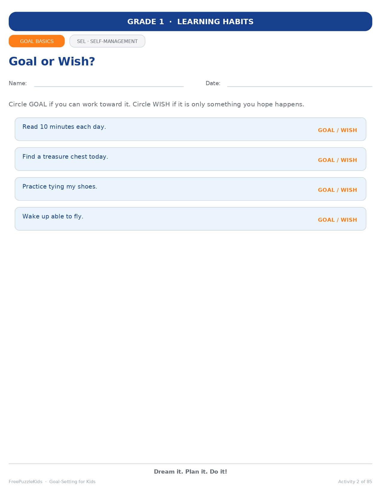 Goal-Setting for Kids (Grade 1 / SEL & Self-Management) – worksheet preview page 3