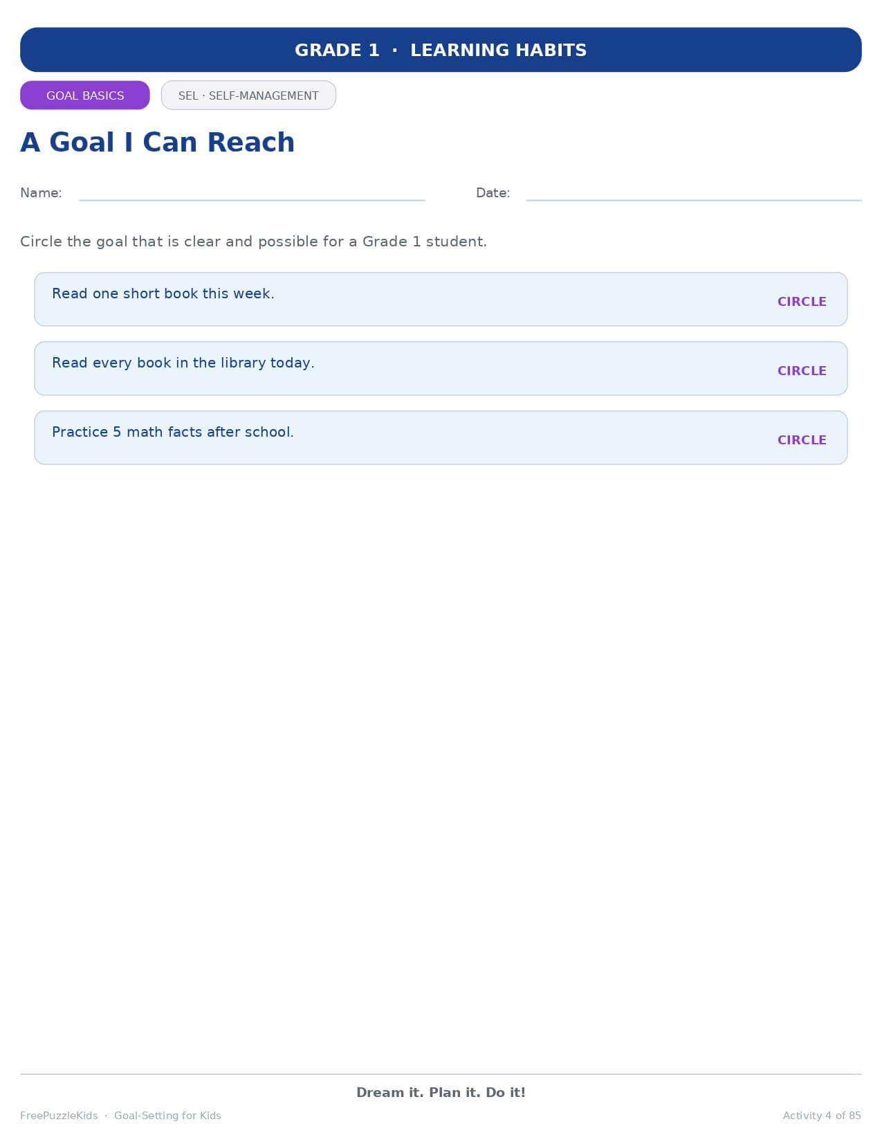 Goal-Setting for Kids (Grade 1 / SEL & Self-Management) – worksheet preview page 5