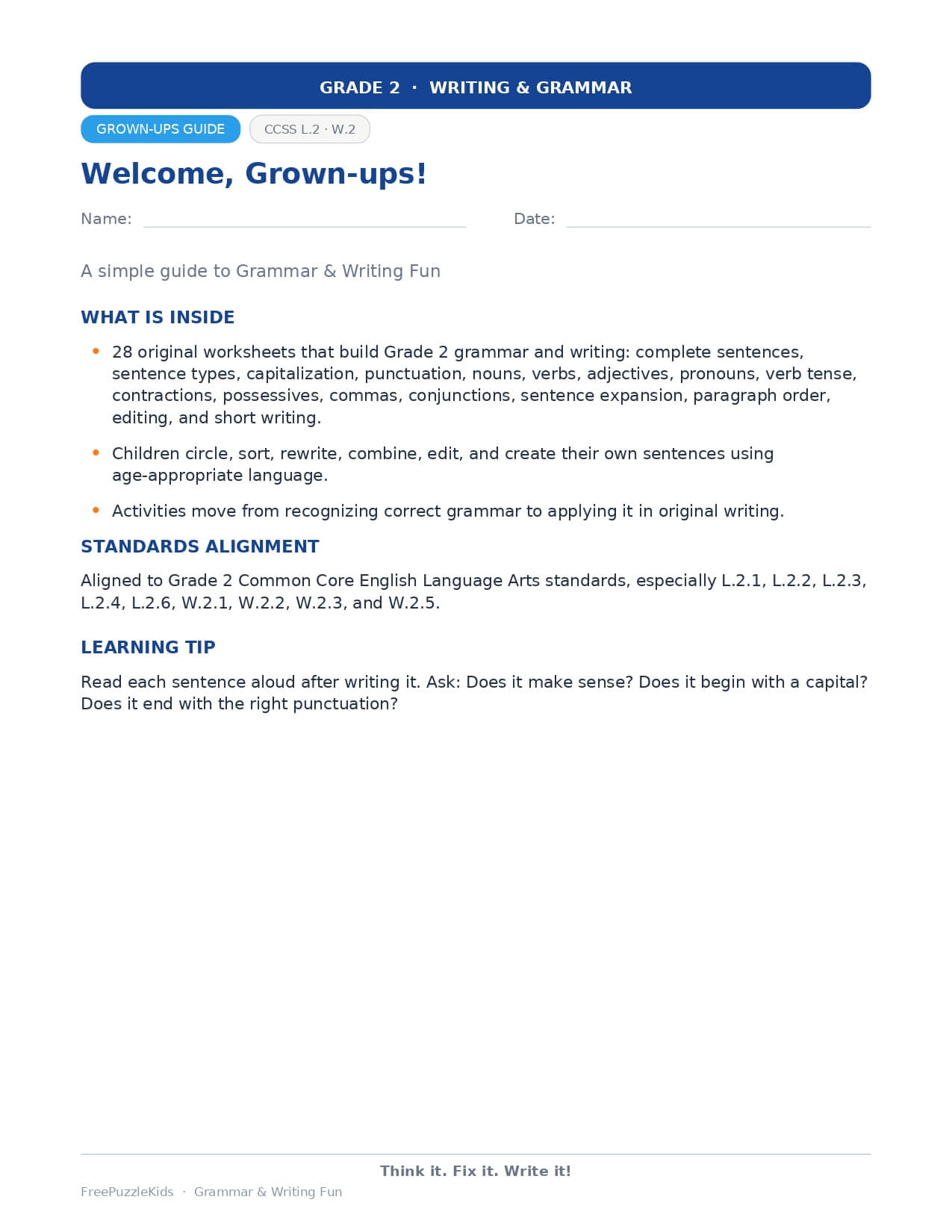 Grammar & Writing Fun – Grade 2 – worksheet preview page 1
