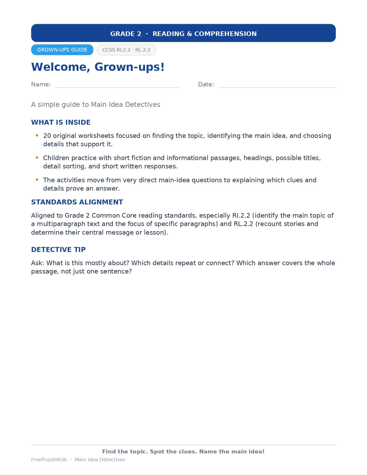 Main Idea Detectives – Grade 2 – worksheet preview page 1