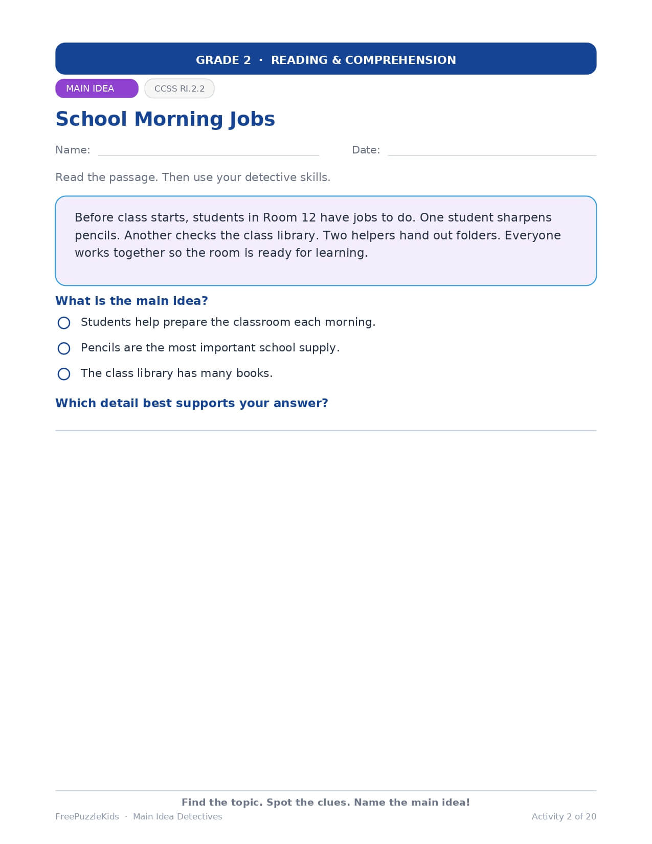 Main Idea Detectives – Grade 2 – worksheet preview page 3