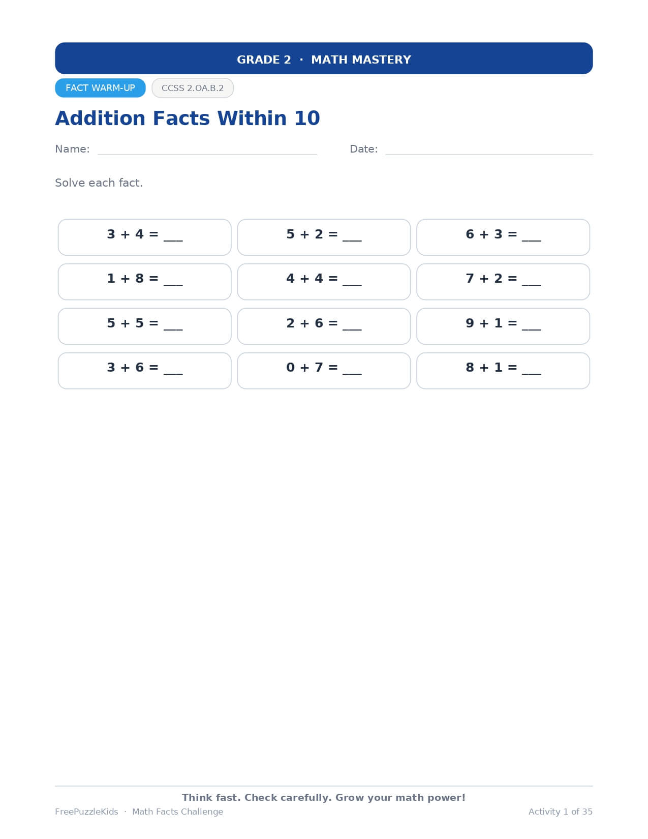 Math Facts Challenge – Grade 2 – worksheet preview page 2