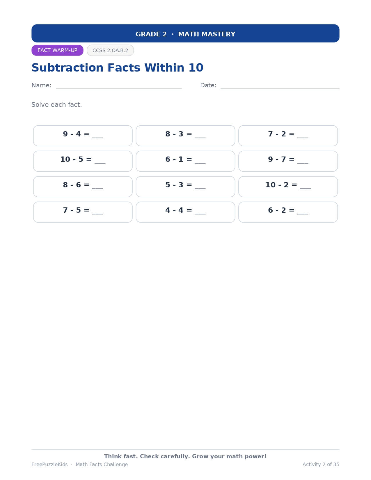 Math Facts Challenge – Grade 2 – worksheet preview page 3