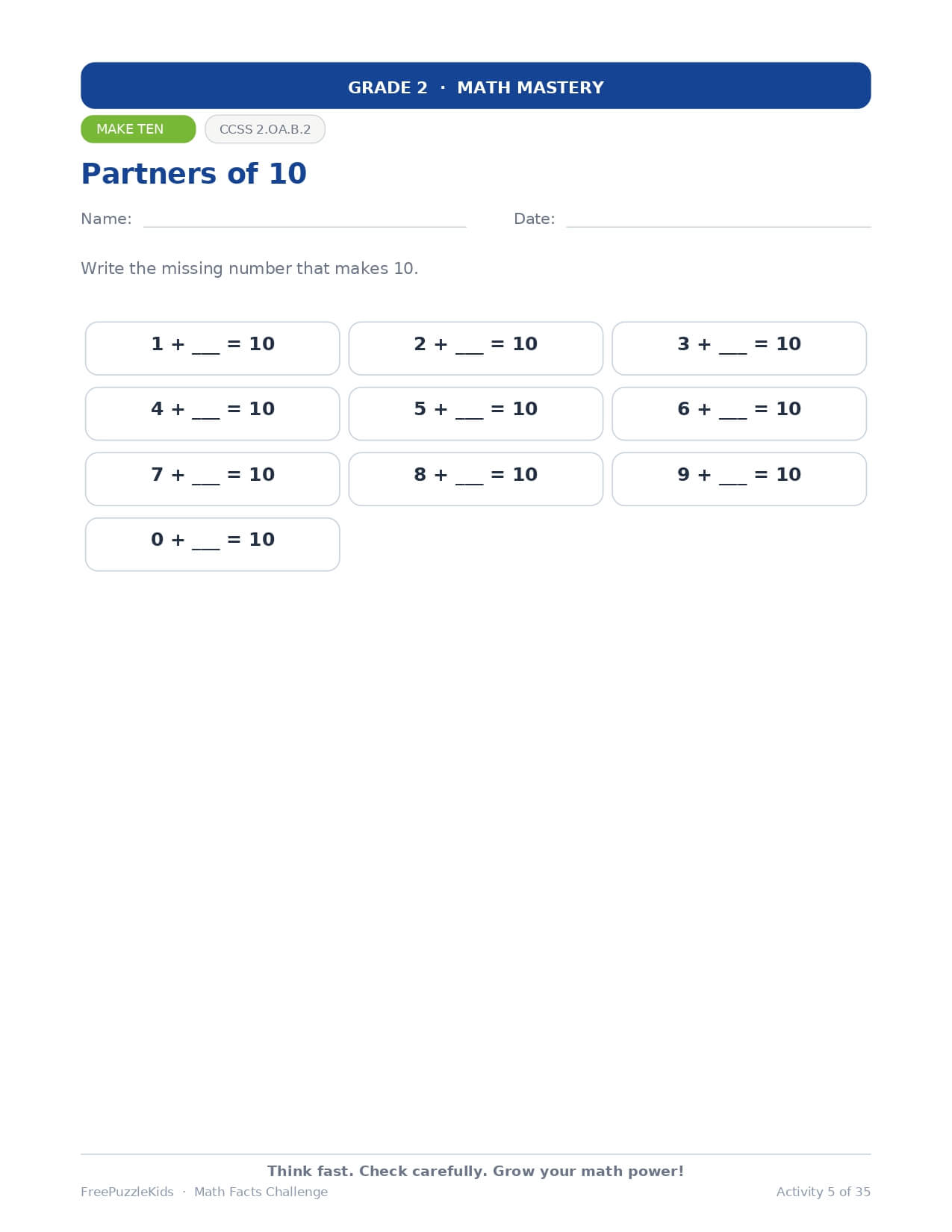 Math Facts Challenge – Grade 2 – worksheet preview page 6