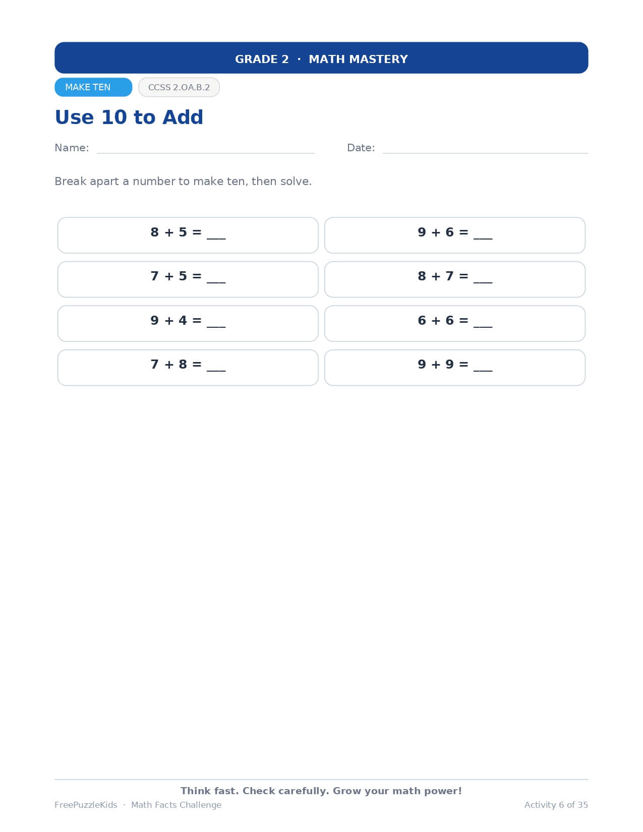 Math Facts Challenge – Grade 2 – worksheet preview page 7