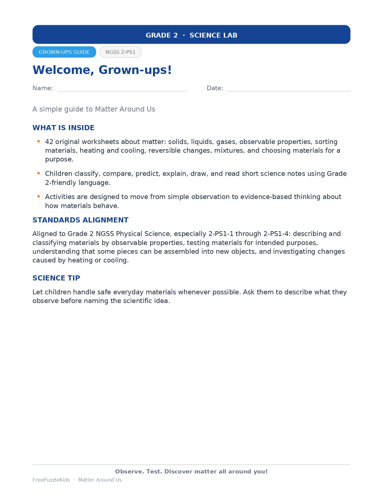 Matter Around Us – Grade 2 – worksheet preview page 1