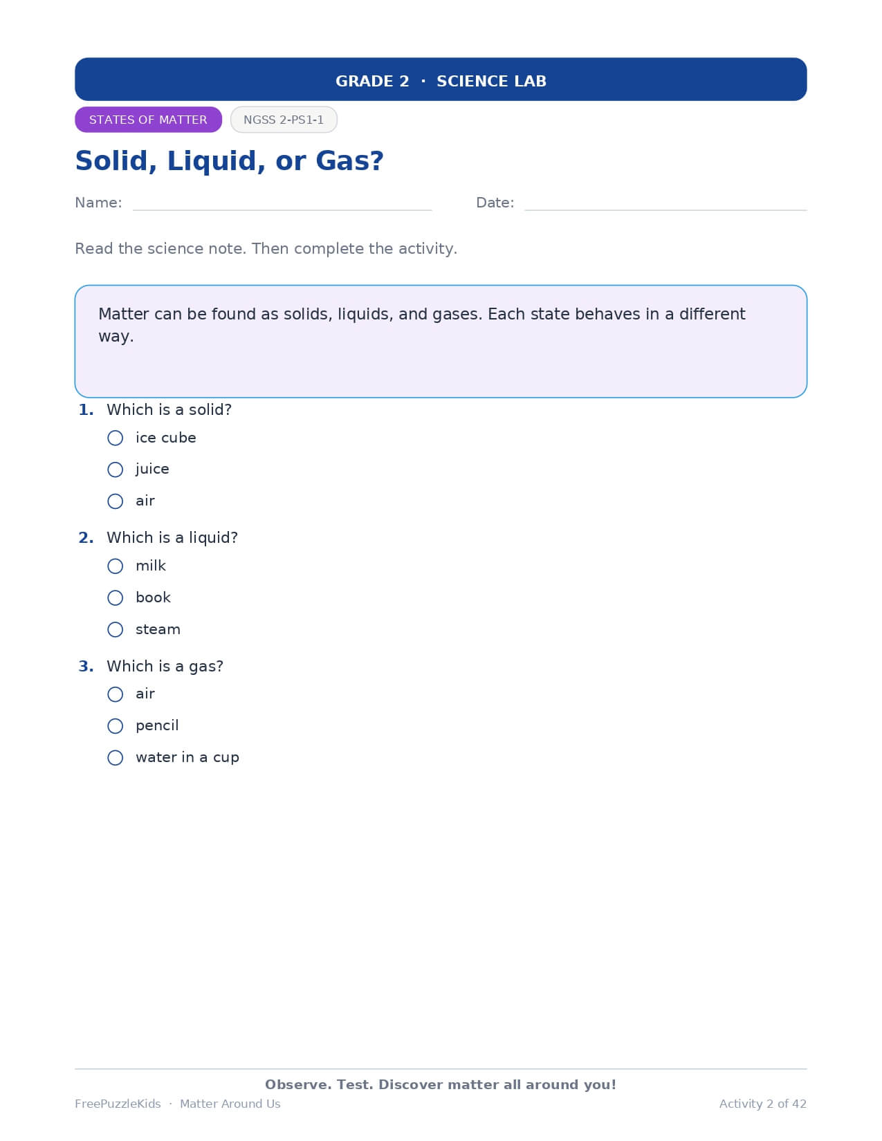 Matter Around Us – Grade 2 – worksheet preview page 3