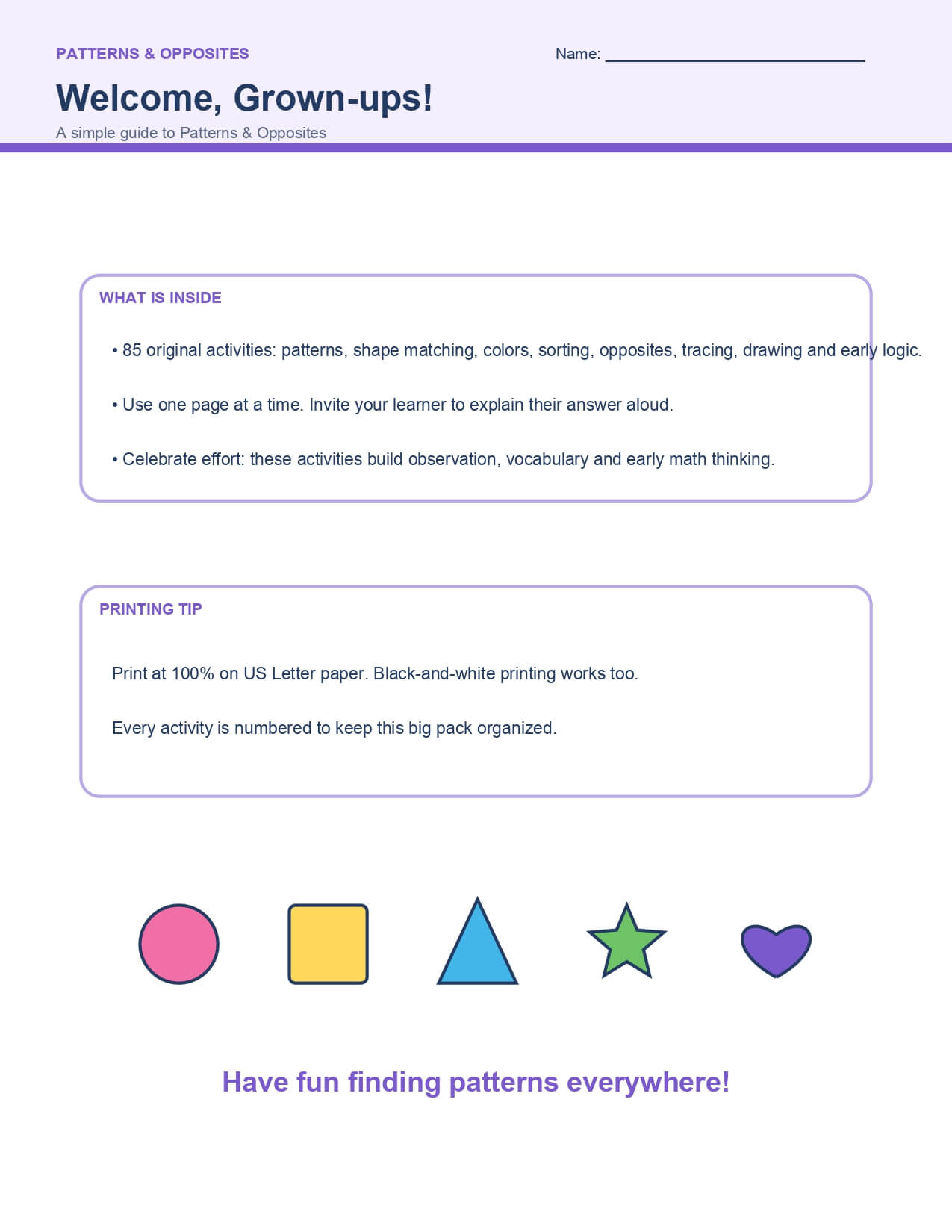 Patterns & Opposites – worksheet preview page 1
