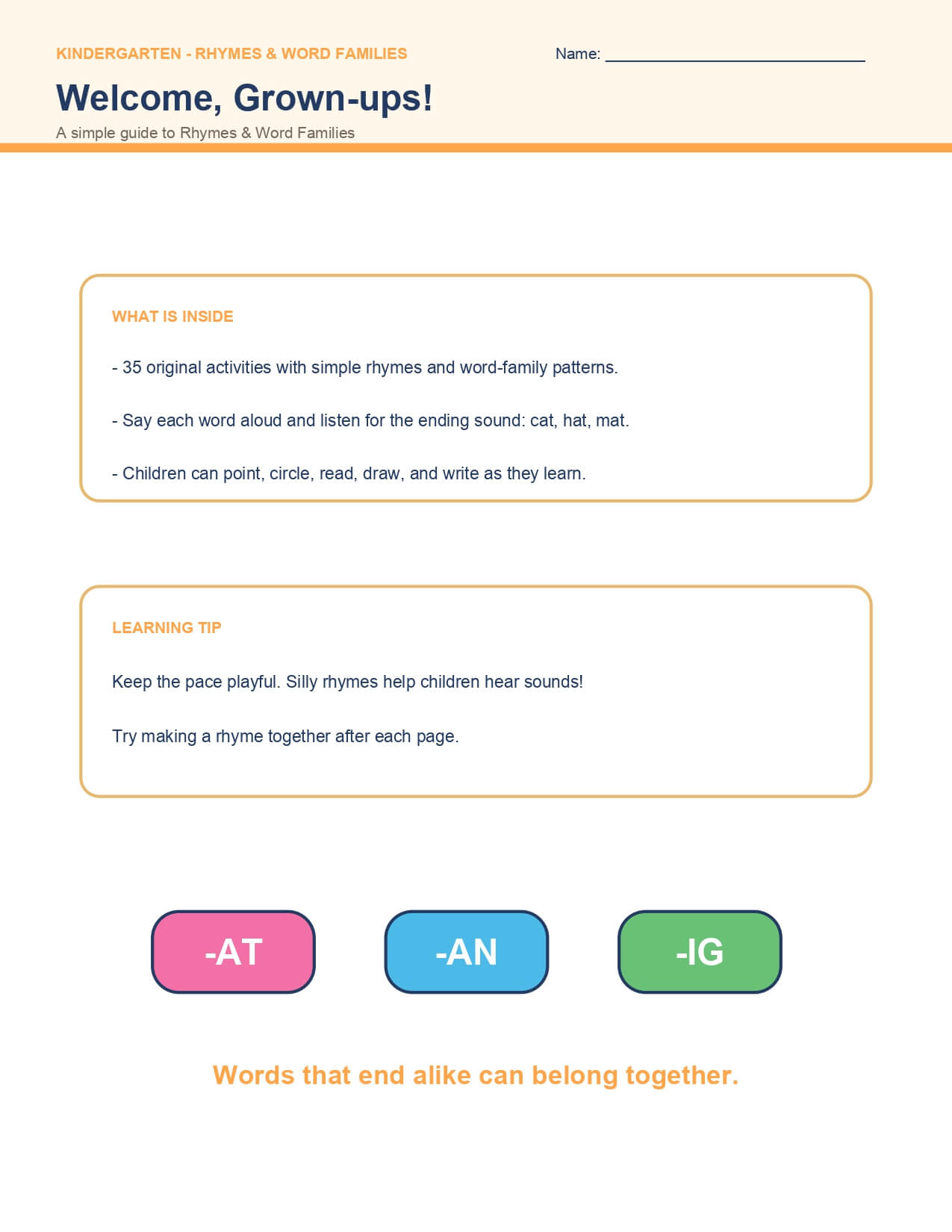 Rhymes & Word Families – worksheet preview page 1
