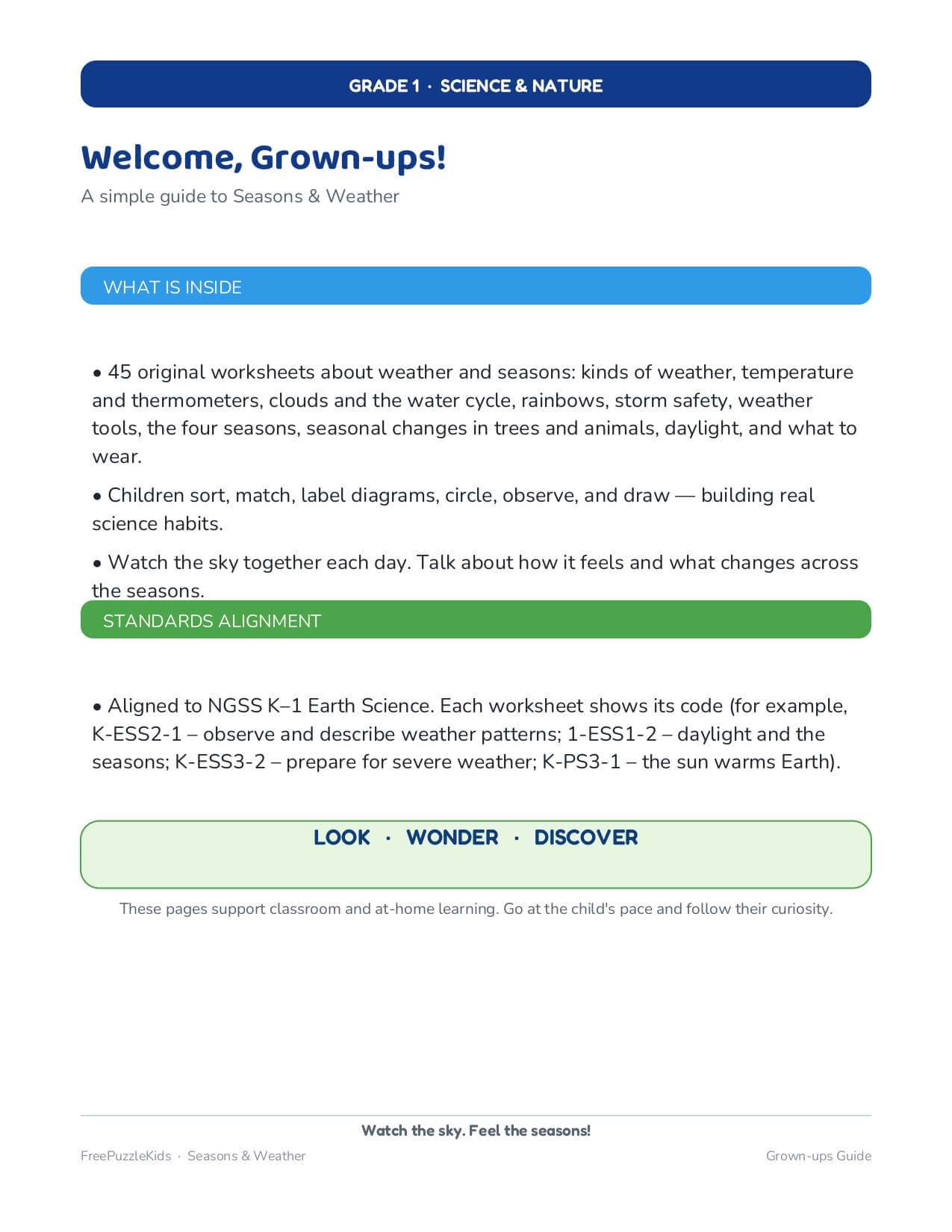 Seasons & Weather-Grade 1 Science & Nature Worksheets – worksheet preview page 1