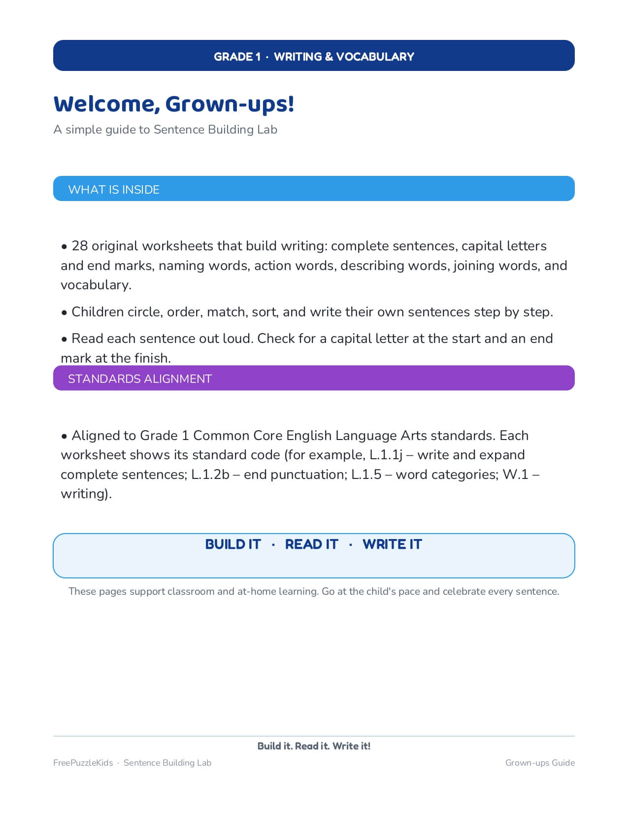 Sentence Building Lab (Grade 1 Worksheets) – worksheet preview page 1
