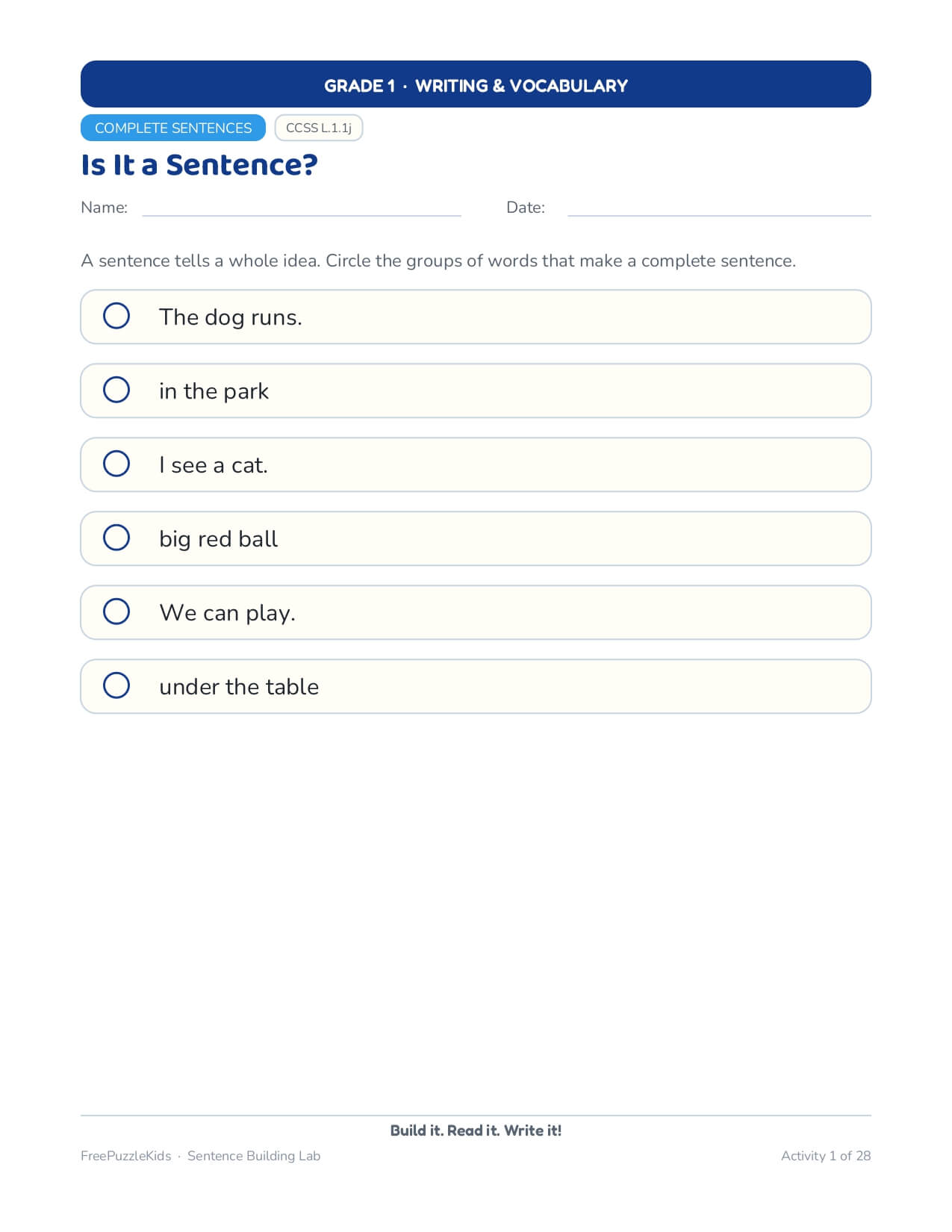 Sentence Building Lab (Grade 1 Worksheets) – worksheet preview page 2