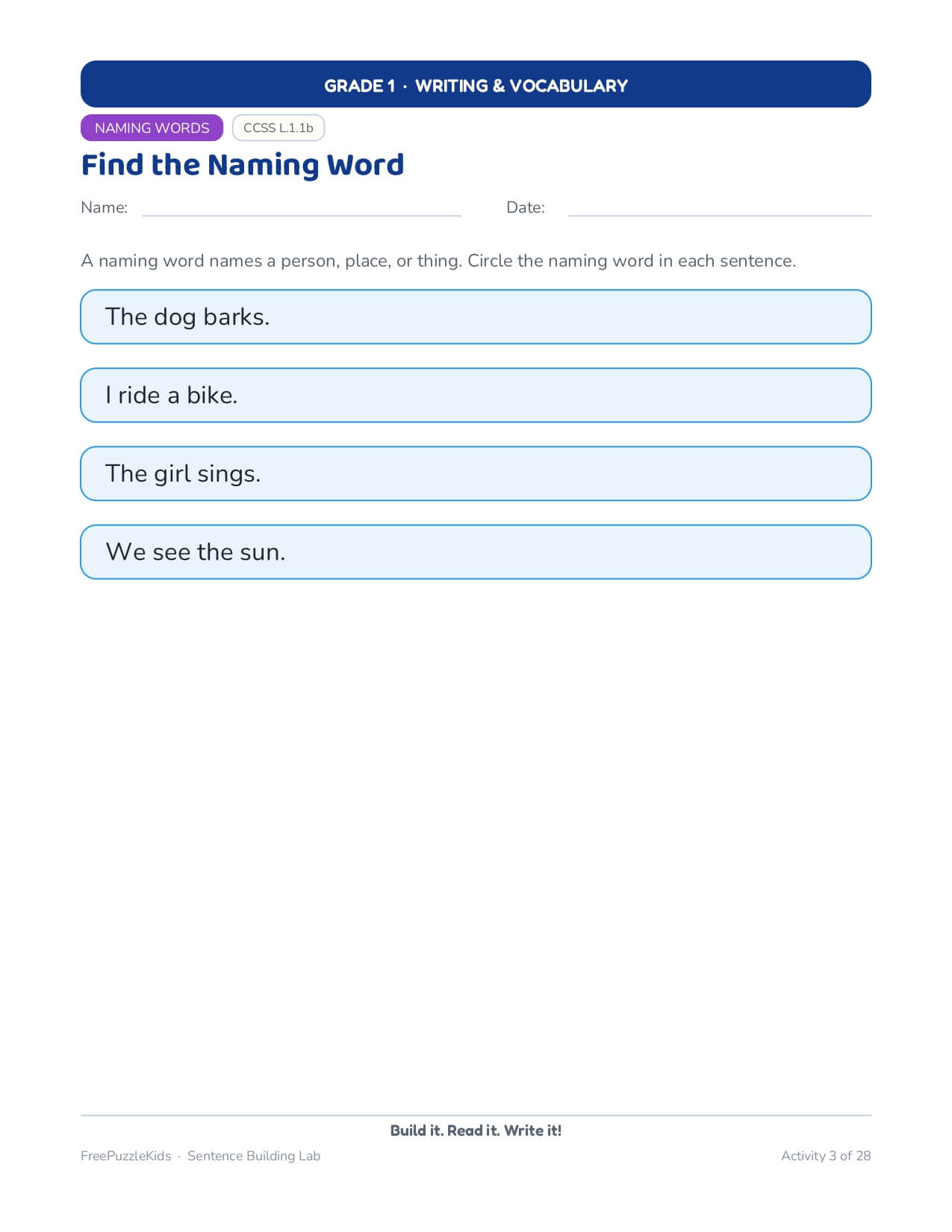 Sentence Building Lab (Grade 1 Worksheets) – worksheet preview page 4