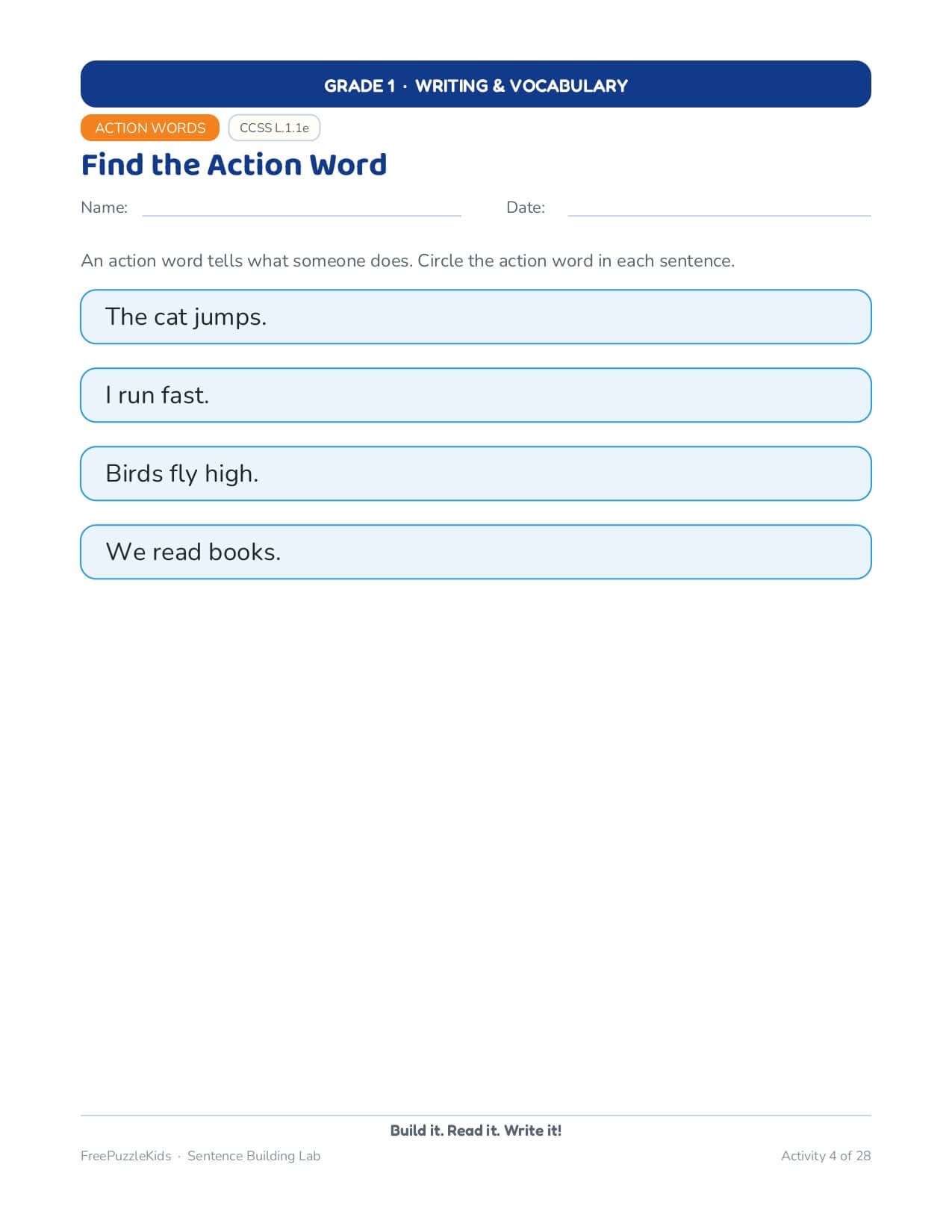 Sentence Building Lab (Grade 1 Worksheets) – worksheet preview page 5
