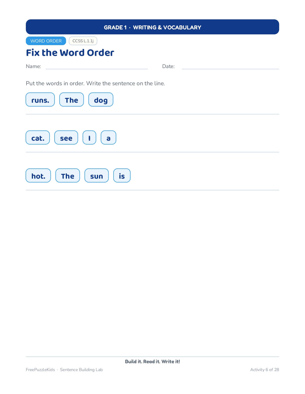 Sentence Building Lab (Grade 1 Worksheets) – worksheet preview page 7