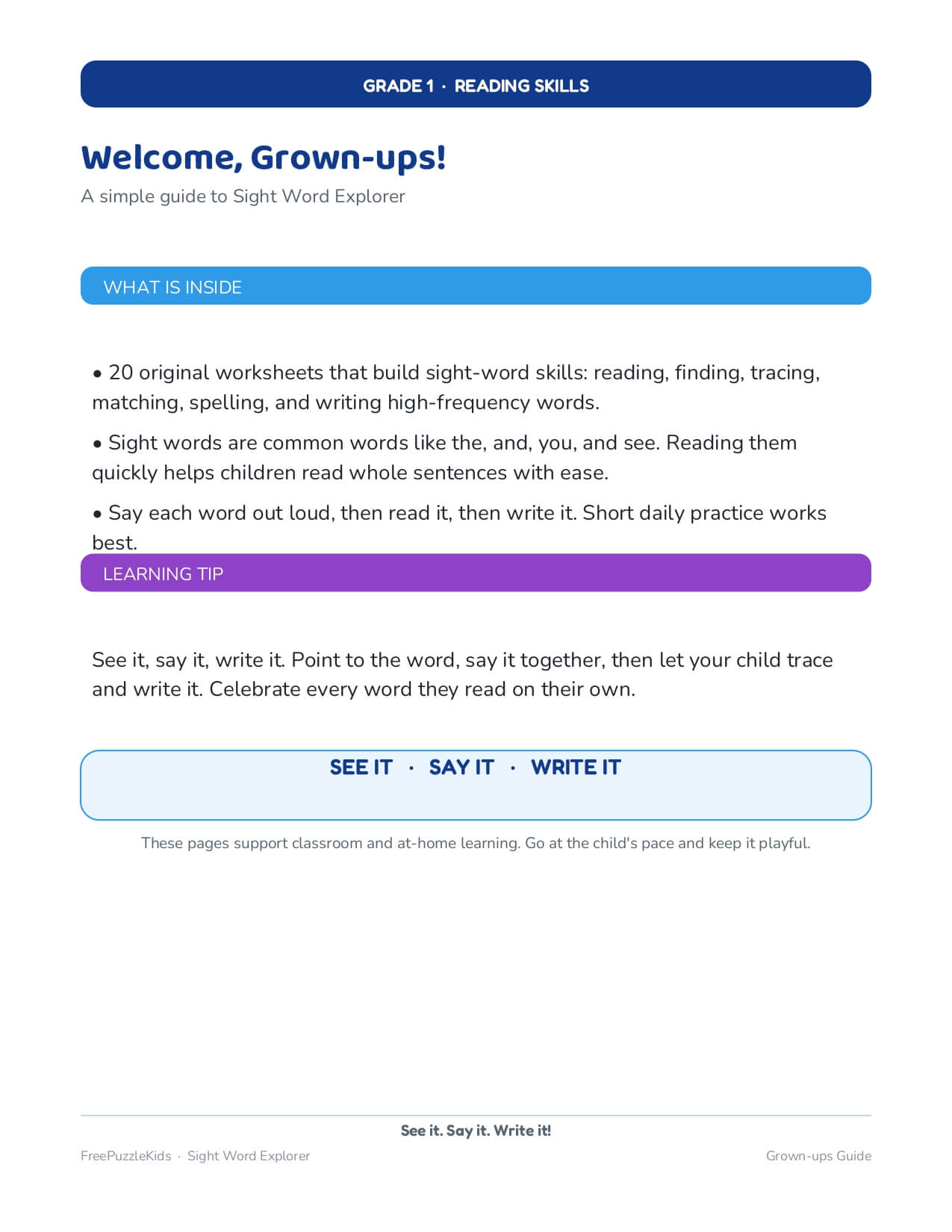 Sight Word Explorer (Grade 1 Worksheets) – worksheet preview page 1