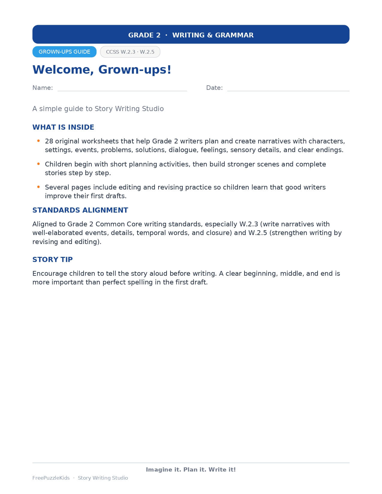 Story Writing Studio – Grade 2 – worksheet preview page 1