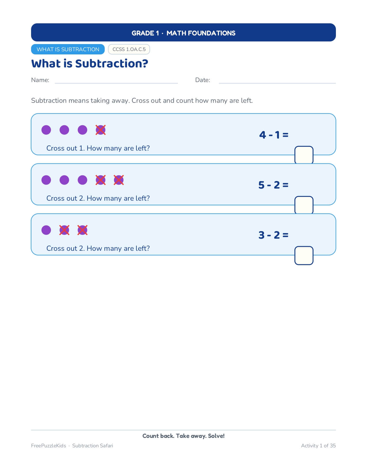 Subtraction Safari Grade 1 Math Foundations – worksheet preview page 2
