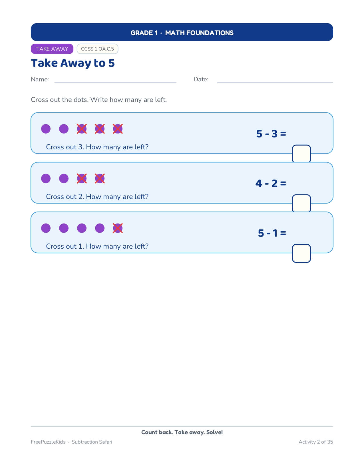 Subtraction Safari Grade 1 Math Foundations – worksheet preview page 3