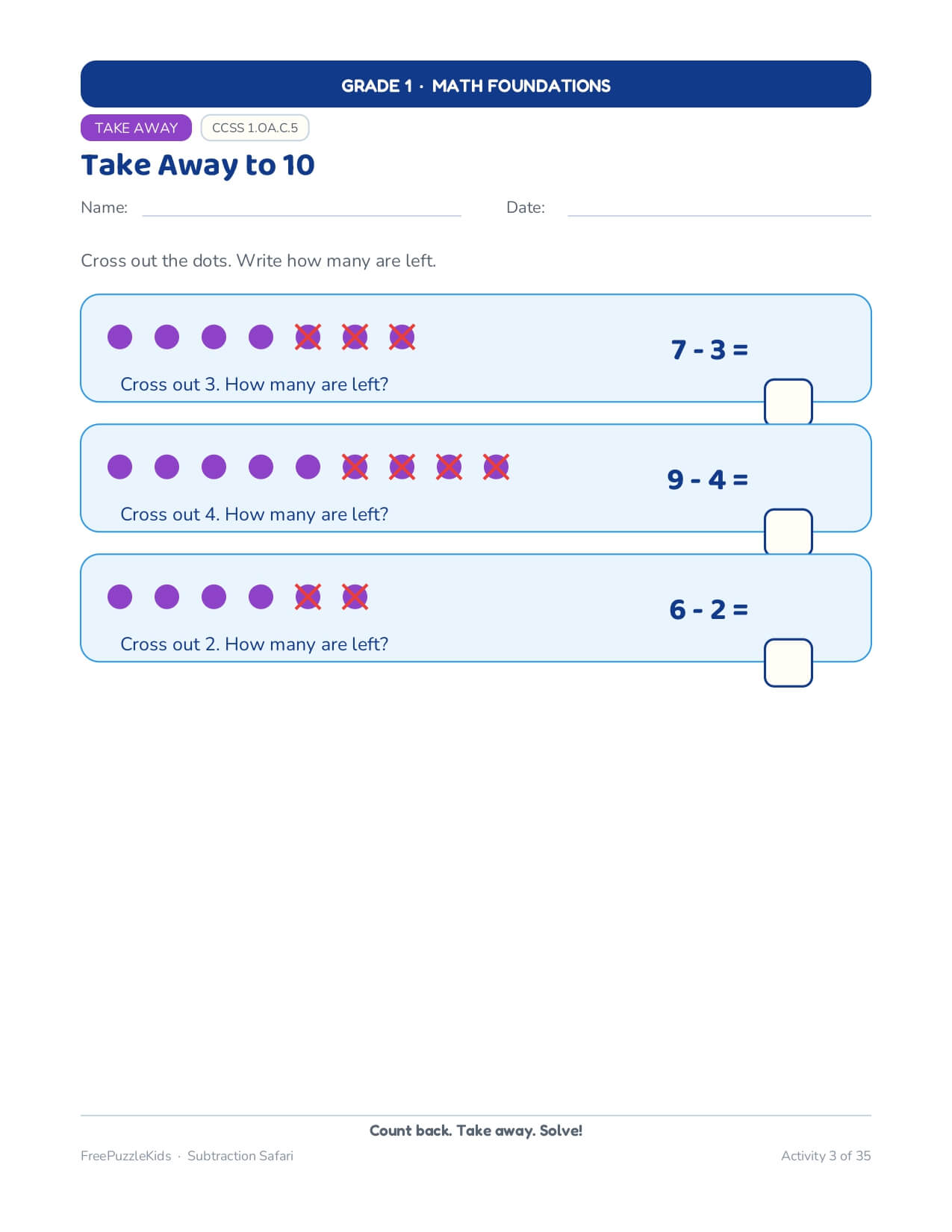 Subtraction Safari Grade 1 Math Foundations – worksheet preview page 4