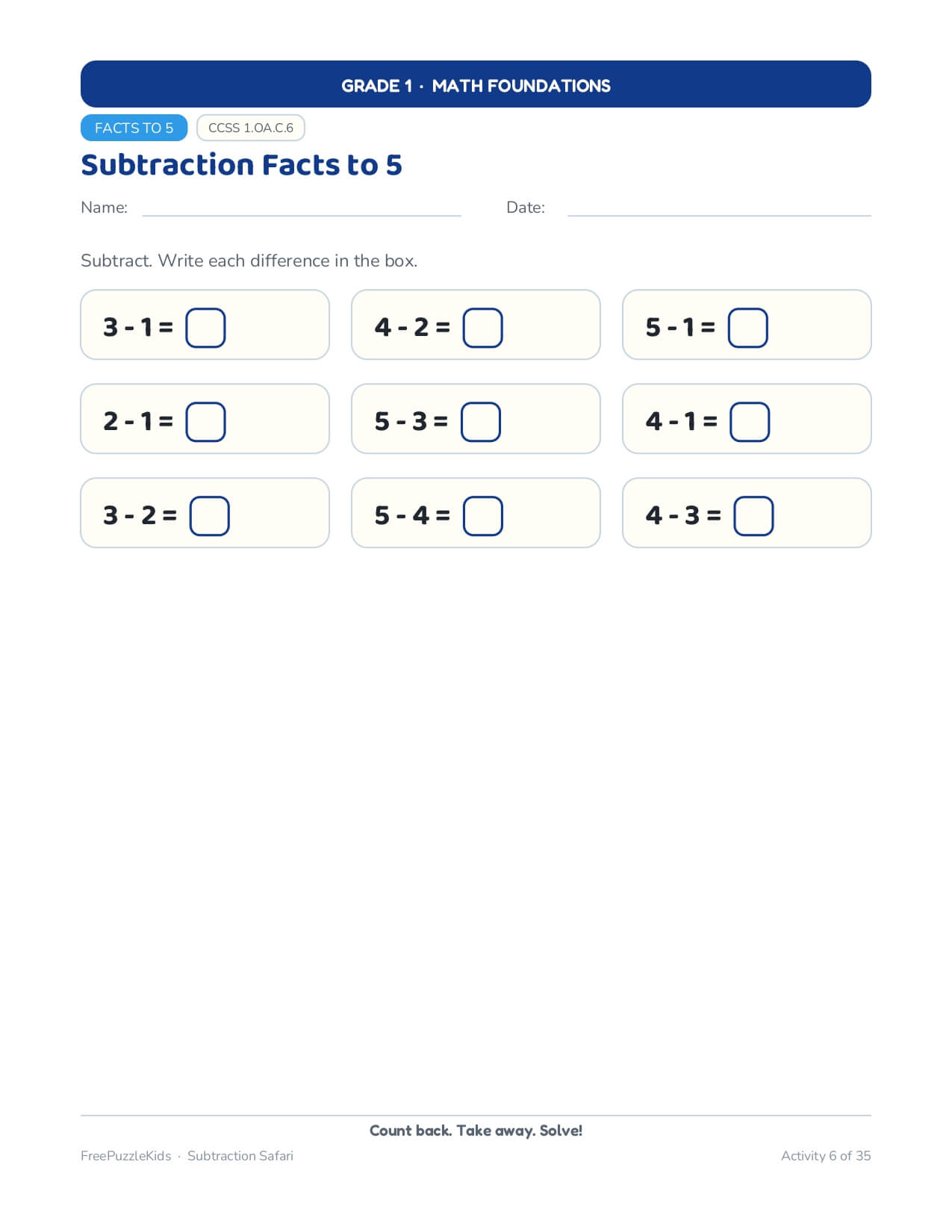 Subtraction Safari Grade 1 Math Foundations – worksheet preview page 7