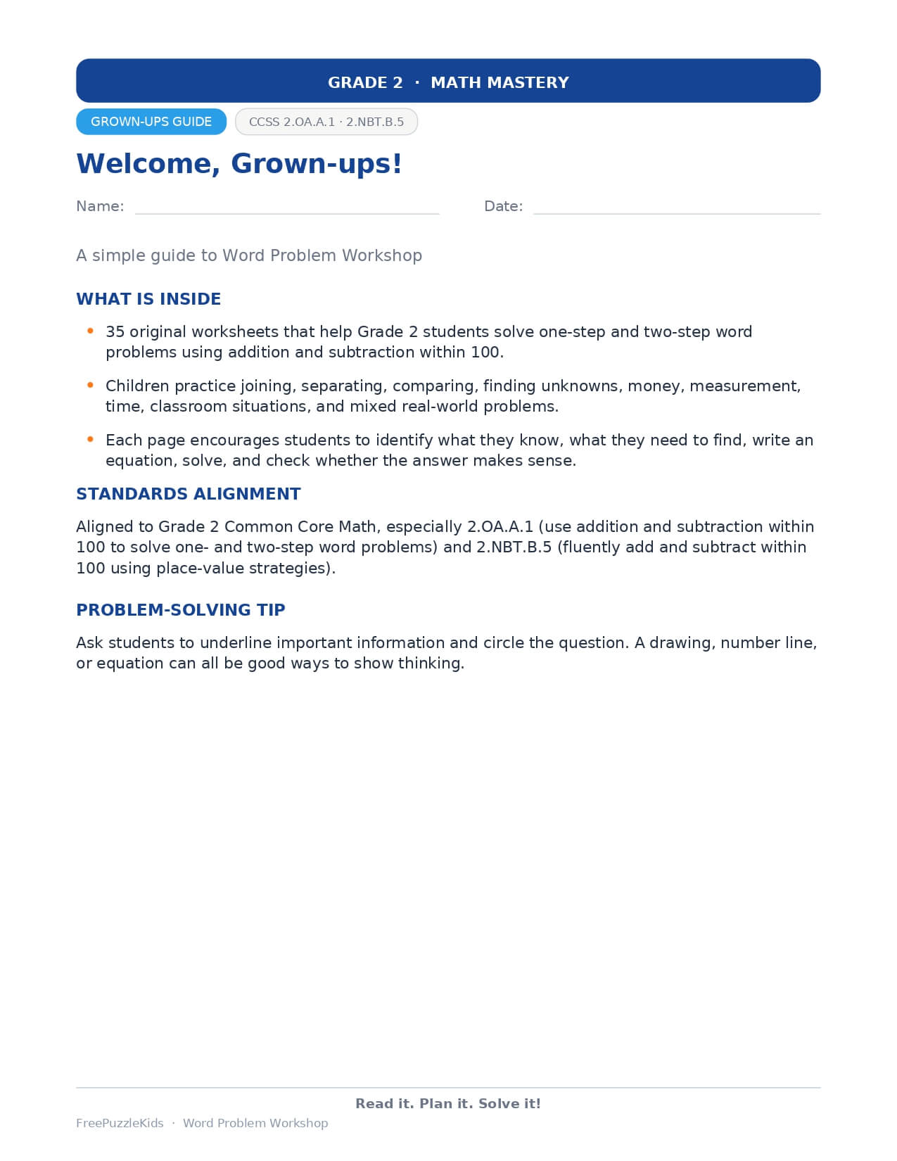 Word Problem Workshop – Grade 2 – worksheet preview page 1